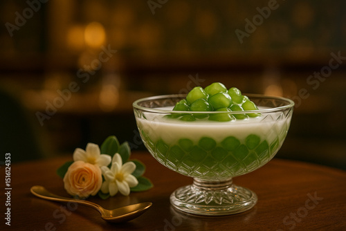 Thai dessert tubtim grob with coconut milk in glass bowl.
Chilled ruby water chestnut in coconut milk, served in crystal bowl with soft lighting and elegant floral decor.
 photo