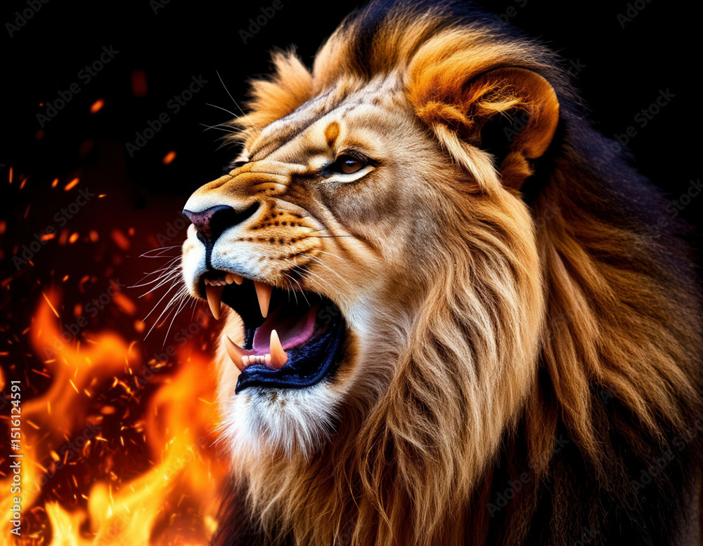 Fototapeta premium Portrait of a roaring lion against a background of fire.