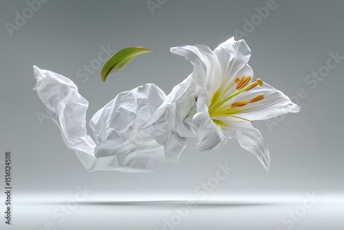 a crumpled paper ball unfolding mid-air into a blossoming
