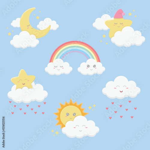 Cute cartoon weather characters. Forecast meteorology vector illustration symbols. Sun, cloud, star, moon and rainbow.