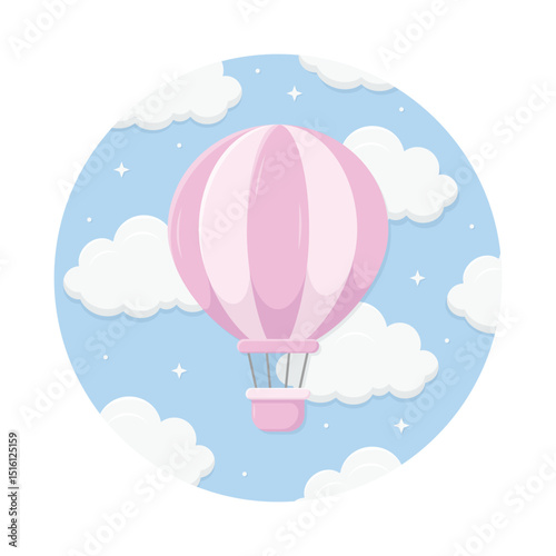 Cute pink hot air balloon flying in the sky with clouds. Cartoon kawaii vector illustration.