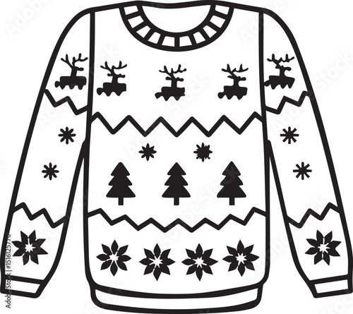 ugly christmas sweater line art, ugly christmas sweater line art clipart vector, christmas silhouette vector black and white