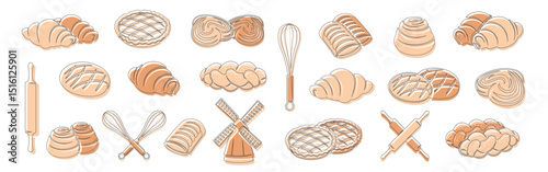 Bread, croissant, bun, apple pie continuous one line drawing icon set isolated on a white background. Whisk, rolling pin, windmill elements. Outline bakery brown collections. Vector illustration