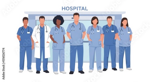 Medical staff standing in front of the hospital entrance