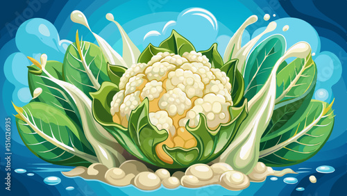 Crisp cauliflower vegetable splash, vibrant ingredient drop fresh vitamin, nutritious organic nutrition healthy water, refreshing garden wholesome, natural fresh .