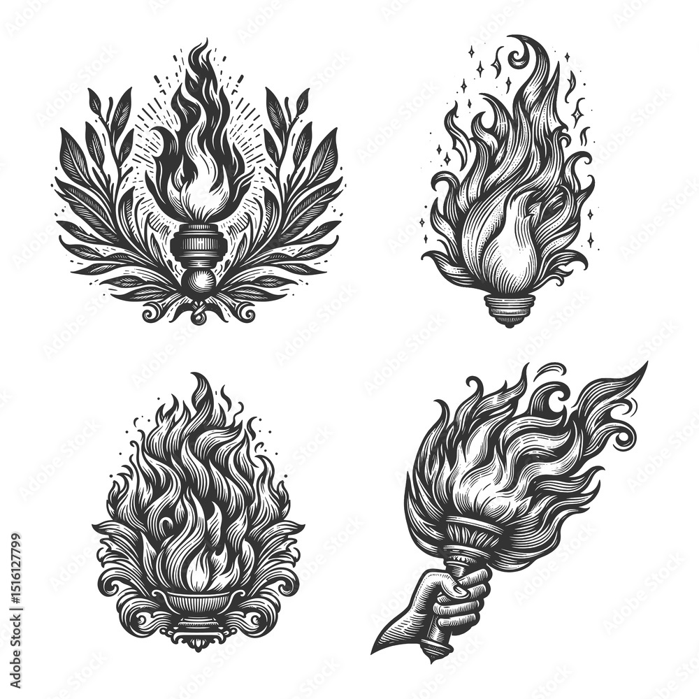 Obraz premium Torch Illustrations with Flames Set collection bundle sketch engraving generative ai raster illustration. Scratch board imitation. Black and white image.