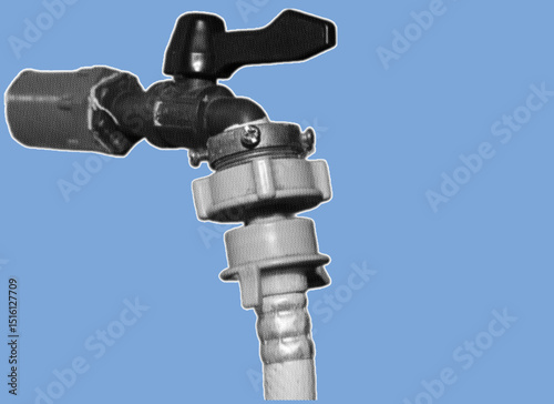 close up of water tap with hose pixelate color halftone dotted texture style collage element isolated on blue background