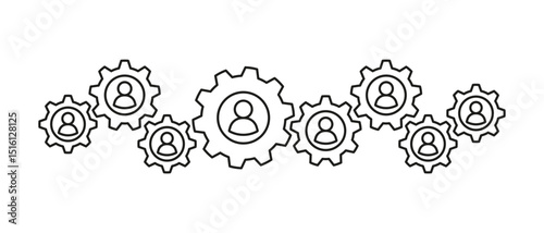 Gears for synergy work of business team, line art. Partnership in organization. Workforce, employee. Collaboration for success results. Vector illustration