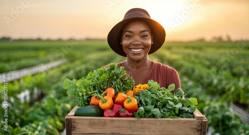 Happy Black farmer woman holds a wooden crate overflowing with fresh, colorful vegetables harvested from her farm at sunset