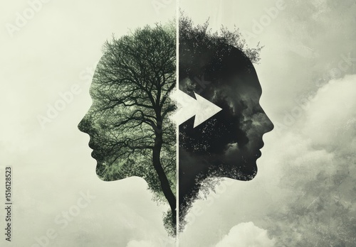 Two profiles, one head, divided by nature's contrast, light and dark.  A symbolic split between opposing forces