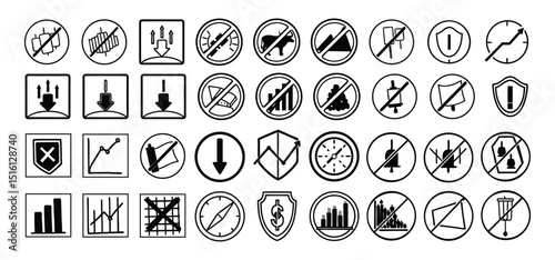 Collection of black and white financial and economic icons representing various concepts in business and finance