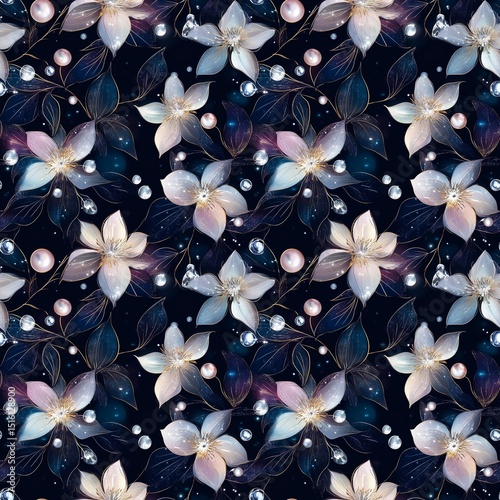 Enchanting Floral Pattern with Shimmering Blossoms Pearls and Sparkling Jewels on Dark Background for Elegant Design