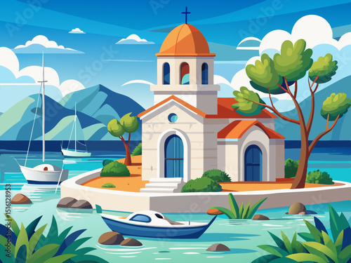 vector of A beautiful white chapel by the calm sea, surrounded by fishing boats and natural scenery... is located in this coastal location.