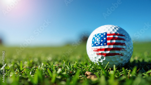 A pristine white golf ball with an American flag motif on a lush green lawn, perfect for 4th of July promotions and golf advertisements.