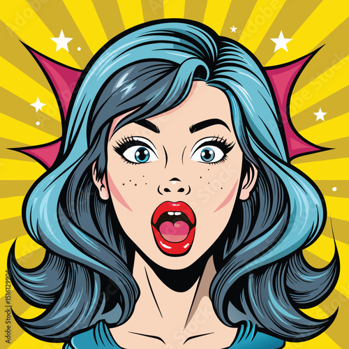Woman with blue hair and surprised expression pop art style