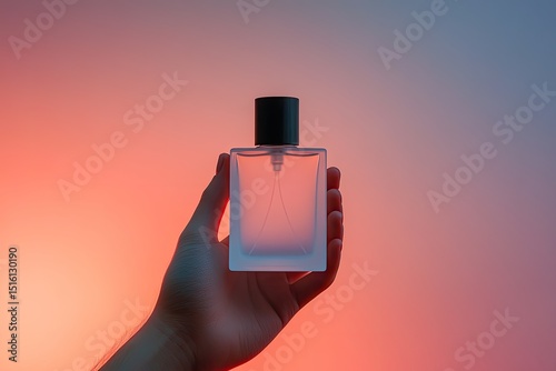Perfume bottle held by hand, vibrant colors