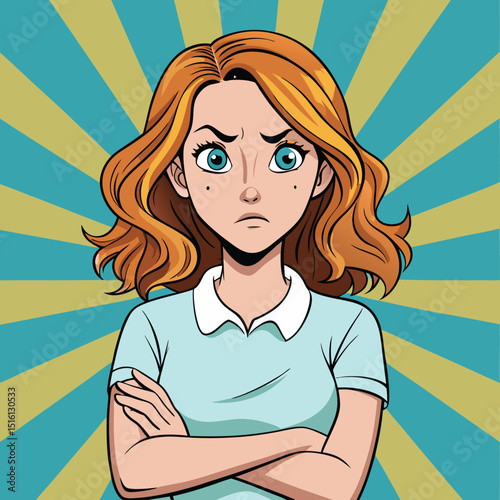 Cartoon woman with red hair and arms crossed looking annoyed