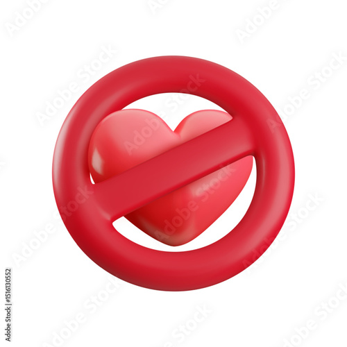 Vector Cartoon 3d ban love icon. Realistic 3d render of red prohibition sign and heart inside. Stop love, like forbidden, dislike symbol for web, app, game, sticker.
