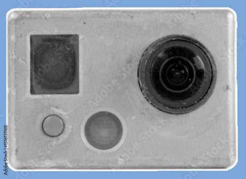 close up of rusty action camera pixelate color halftone dotted texture style collage element isolated on blue background