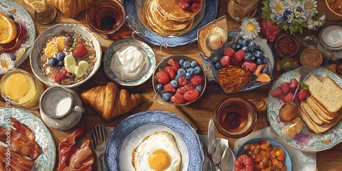 Delicious breakfast spread with eggs, bread, and fresh juices on a rustic wooden table
