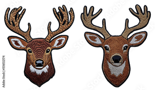 embroidered deer head patches on white background