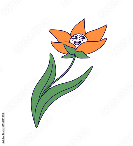 Abstract orange flower in funky style with happy emotion on face. Cute groovy wildflower with positive facial expression. Funny bloom plant. Flat isolated vector illustration on white background