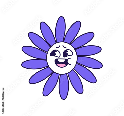 Shy flower with confused facial expressions in retro style. Groovy wildflower with smile face doubts. Funky blooming meadow plant with comic emotions. Flat isolated vector illustration on white