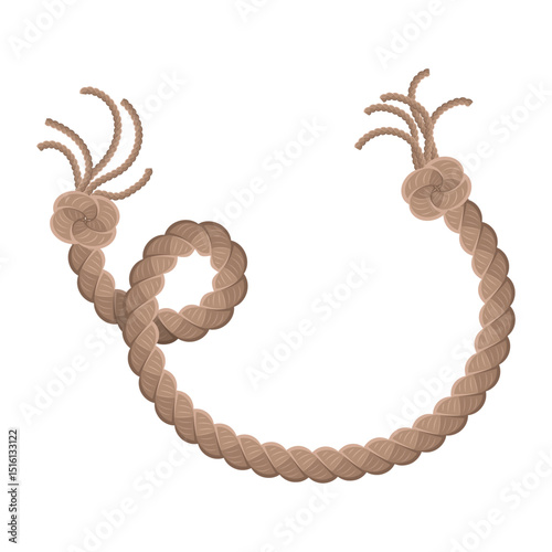 Hanging rope with tassel and node. Knitted nautical thread or marine vertical fiber. Textile tassel hang at rope isolated on white background. Vector illustration