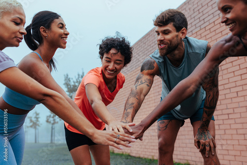 Fotografi Fitness group joining hands outdoors after successful workout