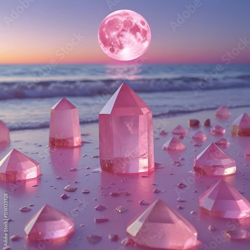 **Pink moonlight, a pink beach with many rose quartz crystals floating on the sea surface, a light blue sky, and a purple and orange sunset in the background, a pink moon above the waterline, creating