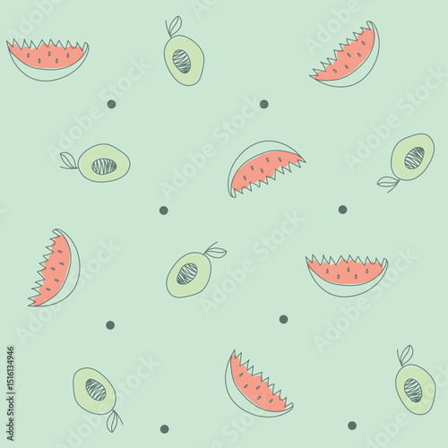 Hand-drawn watermelon and avocado seamless pattern, summer fruit background