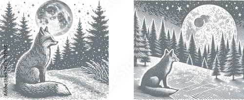Vintage Engraving Style Illustration of a Fox Under Moonlight in a Snowy Forest – Woodland Winter Scene, Hand-Drawn Woodcut Animal Art for Prints and Decor