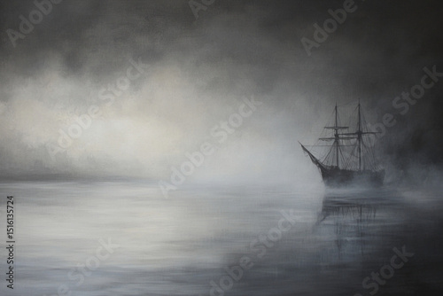 oil painting-style image in black and gray tones. The scene depicts a misty, fog-covered ocean under a moody sky. In the hazy distance, a ghostly pirate ship with tattered sails emerges from the fog