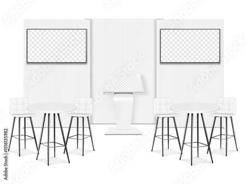 Trade show booth display kit mock-up. Expo tradeshow set template. Backdrop banner stand, LCD monitor TV video panels, touch screen interactive kiosk, white exhibition tables, chairs. 3d vector mockup