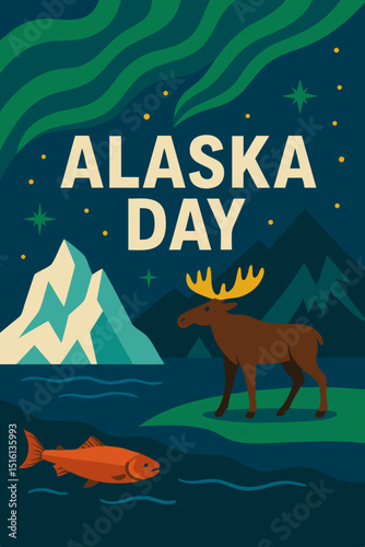 Alaska Day celebration with moose, salmon, and aurora borealis