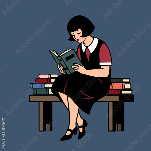 Elegant Flapper Woman Immersed in Literature: A Stylish Vintage-Inspired Illustration of Reading and Learning