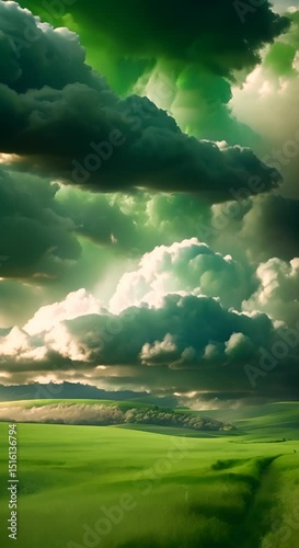 Dramatic Storm Clouds Over Serene Green Field Landscape Background Seamless looping motion design Video animation A dramatic sky