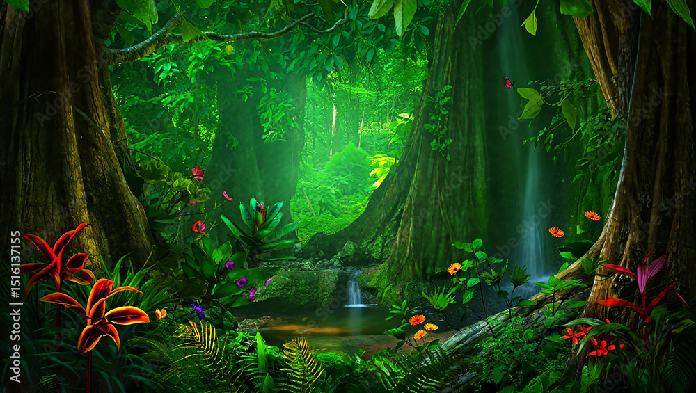 Fototapeta premium Enchanting tropical rainforest scene featuring lush green foliage waterfall and colorful exotic flowers