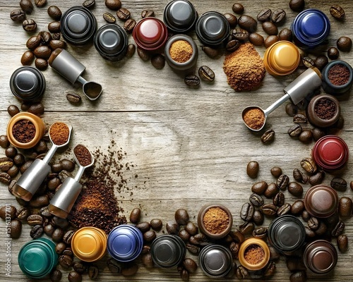 Coffee Beans Espresso Pods Ground Coffee Wooden Background
