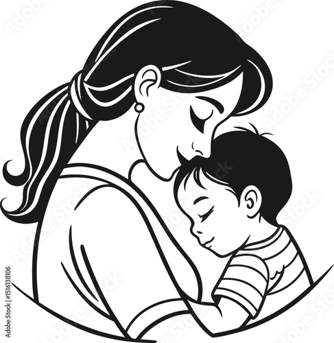 Mother's Tender Embrace: A heartwarming black and white illustration of a mother cradling her child. Capturing the essence of maternal love.