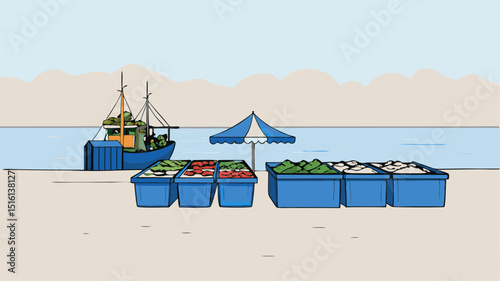 Fishing boat docked near colorful produce bins by the water  