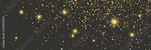 Gold glittering dust with stars on transparent backdrop