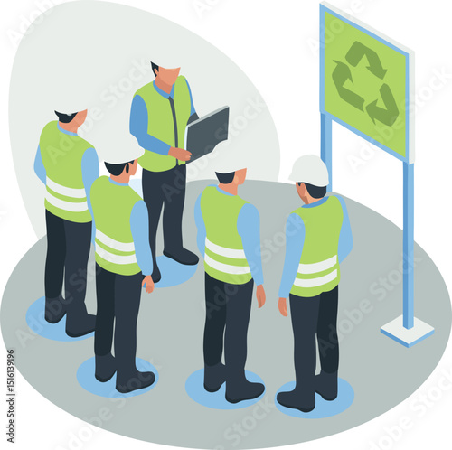 Construction workers meet at the emergency assembly point to review safety protocols and ensure clear coordination for on-site teamwork efficiency.