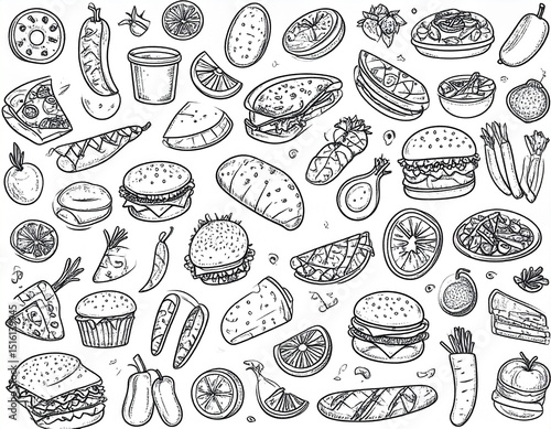 Dense black line doodle illustration of assorted foods, hand-sketched style, monochrome with white background