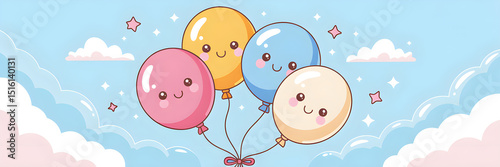 Kawaii Balloons Floating in a Pastel Sky with Smiling Faces

