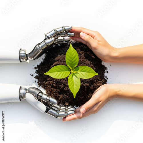 Flat Lay of Robot and Human Hands Forming Circle Around Sapling