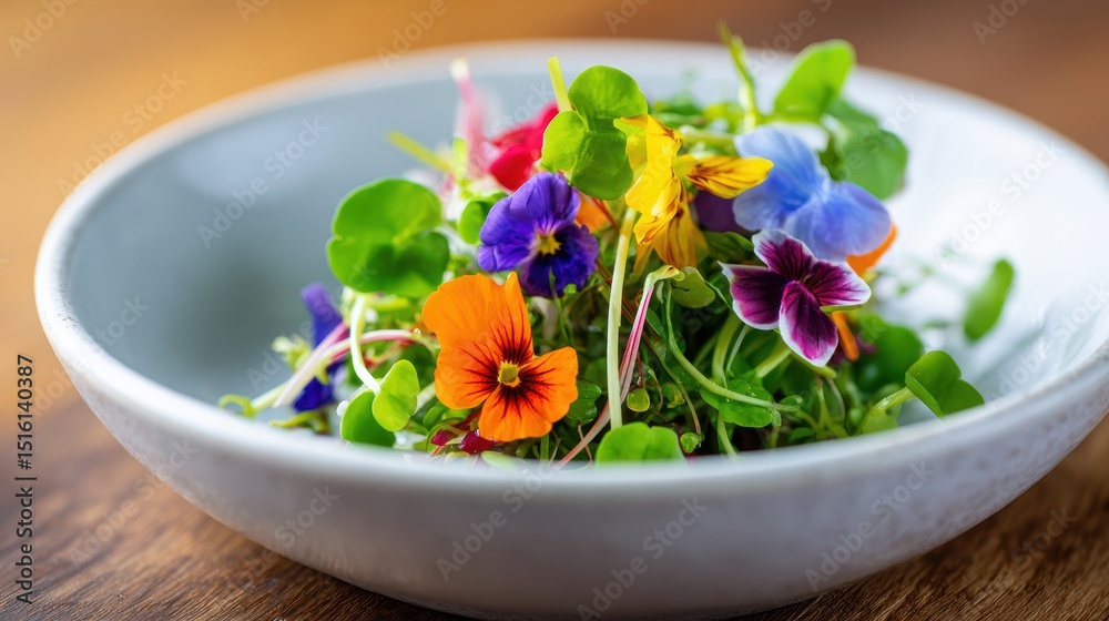 Colorful Edible Flower Salad Displayed in Elegant Bowl on Wooden Table Setting Colorful Edible Flower Salad Displayed in Elegant Bowl on Wooden Table Setting
