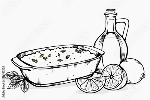 Line art of a baking dish with lemon, mint, and oil bottle  