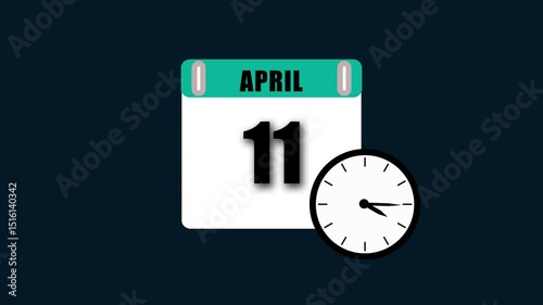 Animated calendar indicating april eleventh with a clock on a dark blue background