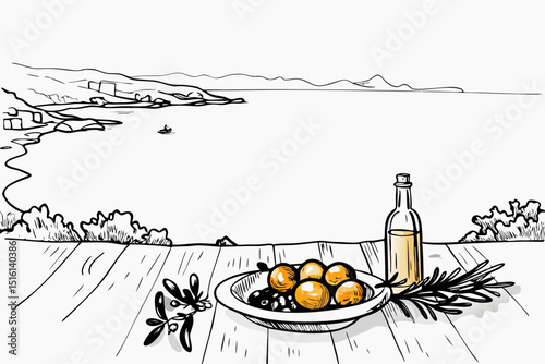 Vector scene of orange Greece with fruits and olive oil on the table